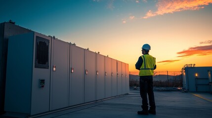 Worker observes energy storage systems at sunset on rooftop with colorful sky