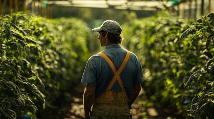 Farmer tending to crops in a greenhouse during late afternoon in a lush agricultural area