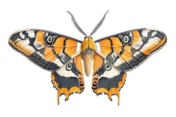 Obraz premium Orange moth illustration, detailed wings, white background, nature art, print design