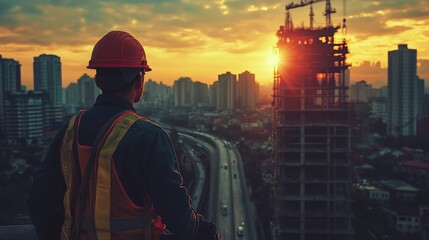 Worker observing sunset over a city skyline with ongoing construction on a building in the distance