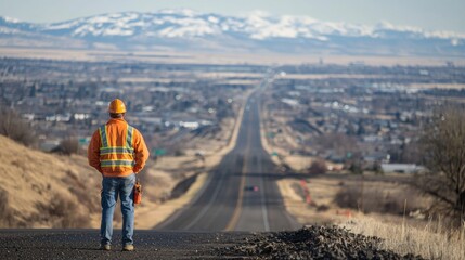 Worker observes long empty road with mountains in the distance on a clear day