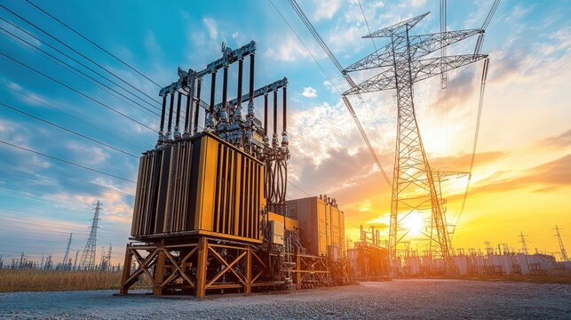 High-voltage transformers and switchgear installation at a power plant site.