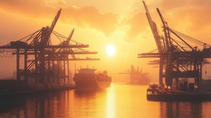 Fototapeta premium Industrial port facility with large cranes and cargo containers.