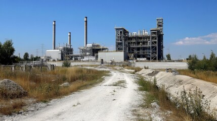 Obraz premium Industrial power plant being built with reinforced concrete foundations.