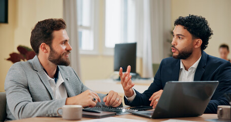 Business, men and talk with laptop in meeting for planning, explain proposal and research feedback. People, discussion and digital with solution, insurance policy and advice of investment opportunity