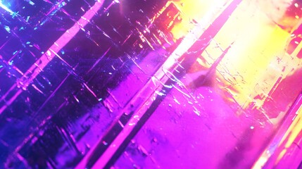 The abstract image displays colorful light reflection and textures