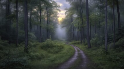 Misty forest path. Sunlight peeks through fog-filled trees, illuminating a winding dirt road through a lush, verdant forest.  A tranquil, ethereal atmosphere