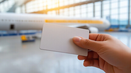 Traveler holding a blank passport card at an airport terminal  