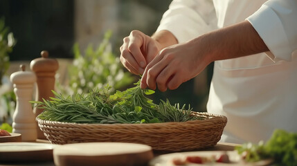 Chef carefully selecting fresh herbs in a sunny kitchen garden  