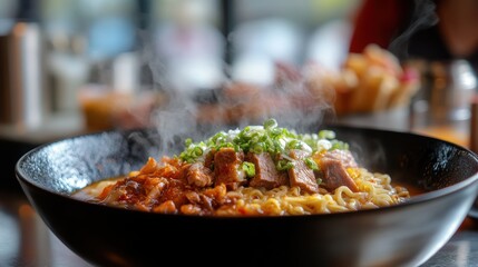 A steaming bowl of vibrant, rich ramen, featuring thick noodles nestled in a flavorful broth, topped with tender slices of meat, a symphony of savory and comforting flavors.