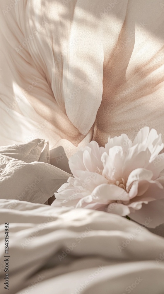 Poster sunlight streams through soft curtains, illuminating a gentle arrangement of a blossom and serene li