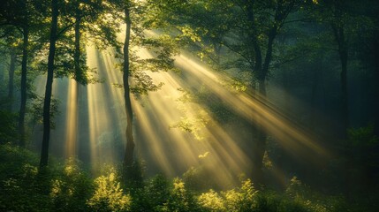 Obraz premium Sunbeams illuminate misty forest.