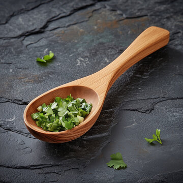 Rustic wooden spoon filled with fresh cilantro on textured slate  