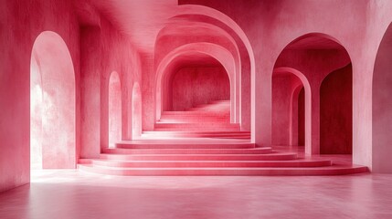 Many arches and steps in a building  pink background