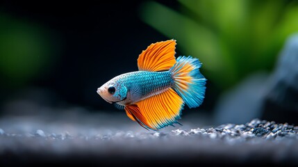 Swimming Betta Fish with Vibrant Blue and Orange Coloring in Aquarium