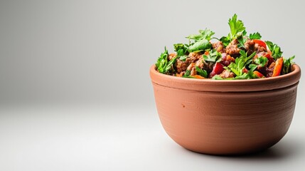 Savory ground beef salad mix in rustic ceramic bowl with vibrant parsley and vegetable against serene grey background