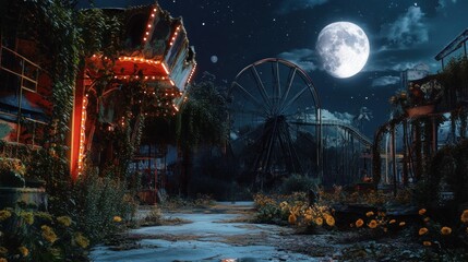 Abandoned amusement park at night under a full moon