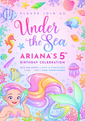 Birthday party invitation vector template with a cute mermaid vector template.