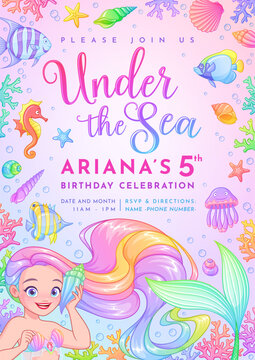 Birthday party invitation vector template with a cute mermaid vector template.