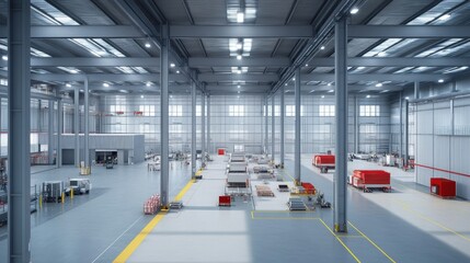 Fototapeta premium Massive industrial factory with a high ceiling and steel support structures.