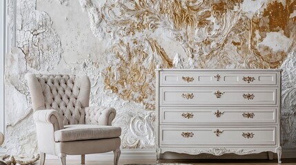 Elegant interior with vintage armchair, decorative drawer, and intricate golden wall art