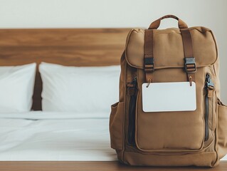 A stylish brown backpack sits on a bed, ready for travel, with a blank tag for personalization.