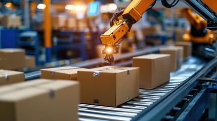A robotic arm efficiently sorts and moves cardboard boxes along a conveyor belt in a modern warehouse setting.
