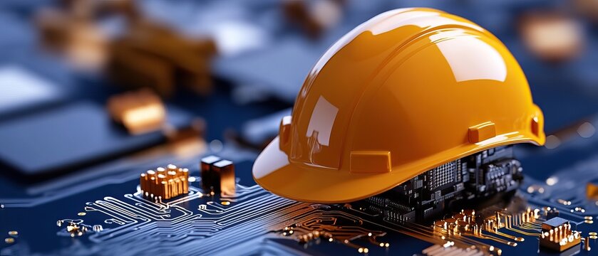 A yellow hard hat rests on a circuit board, symbolizing the intersection of construction and technology in modern industry.
