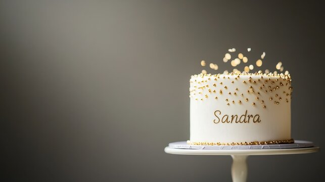 National Sandra Day Elegant white cake with gold sprinkles and Sandra text on pedestal