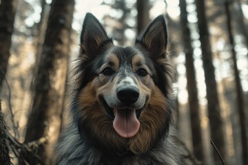 Fototapeta premium Happy dog portrait, forest background, nature walk, pet photography