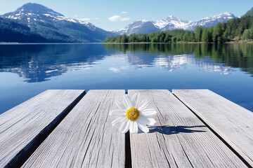 White chamomile flower on a wooden pier overlooking the mountain lake background. Floral decor, travel and north nature concept. Landscape view for wallpaper, poster, card