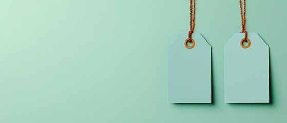 Two blank mint green tags hang from strings against a soothing green background, ideal for labeling or crafting purposes.