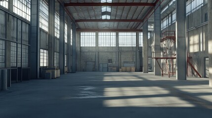 Obraz premium Modern warehouse interior with massive steel columns and high ceilings.