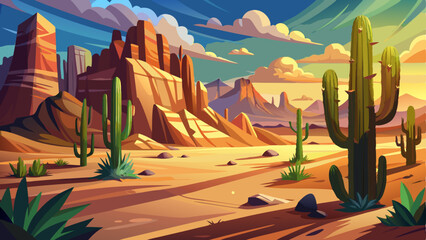 picturesque desert landscape where majestic cacti cast long shadows over the sandy terrain © koushkij