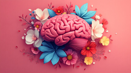 Colorful flowers blooming around a human brain symbolizing growth and mindfulness