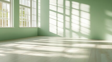 Obraz premium Sunlight Illuminates Empty Room with Pale Green Walls and Beige Floor