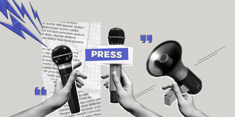 Trendy Halftone Collage Journalist hands with microphones. Reposters conduct interviews for news. Social media survey. Press conference. Fakes and propaganda. Contemporary vector illustration art