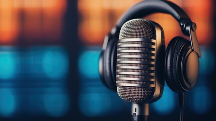 Obraz premium A sleek microphone with headphones in a vibrant setting, perfect for music recording and audio production.