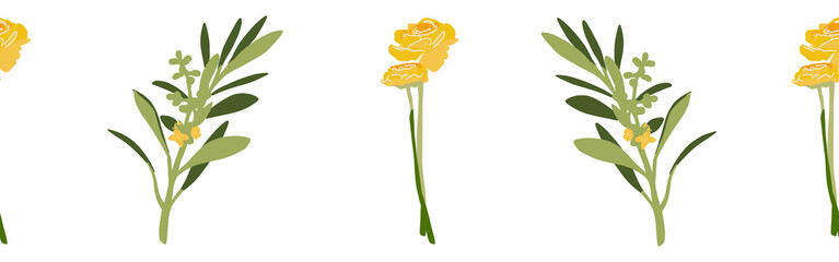 Floral border flowers and leaves on a white background. Hand-drawn illustration. Perfect for spring and summer.