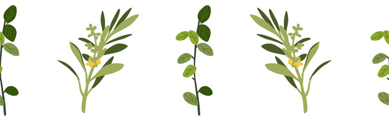 Green leaves border on a white background. Hand-drawn illustration. Perfect for spring and summer.