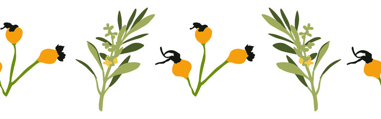 Border leaves and berries on a white background. Hand-drawn illustration. Perfect for spring and summer.