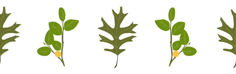 Green leaves border on a white background. Hand-drawn illustration. Perfect for spring and summer.