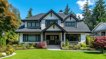 Naklejka premium Elegant two-story house with black roof and manicured garden