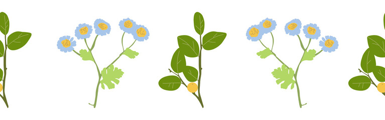 Floral border flowers and leaves on a white background. Hand-drawn illustration. Perfect for spring and summer.