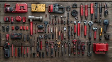 Organized red and black hand tools on wooden background