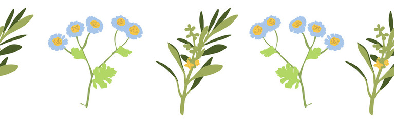 Floral border flowers and leaves on a white background. Hand-drawn illustration. Perfect for spring and summer.