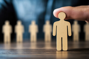 A close-up shot depicts a wooden figure being selected by a human hand, with a blurred line of similar figures in the background. The focus is on the chosen figure, highlighting concepts of selection