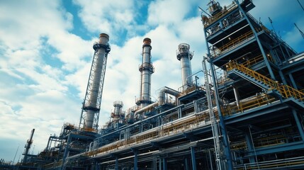 Fototapeta premium Oil refinery complex with massive pipelines and industrial towers.