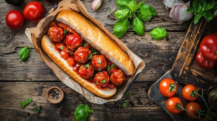 Rustic Homemade Meatball Sub with Fresh Basil and Tomatoes on Distressed Wooden Table Top View Food Photography