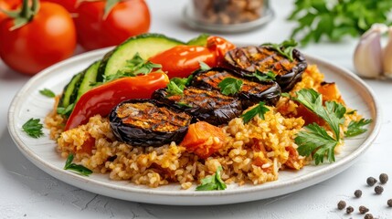 Delicious bulgur with grilled eggplant and fresh vegetables on white plate healthy mediterranean food